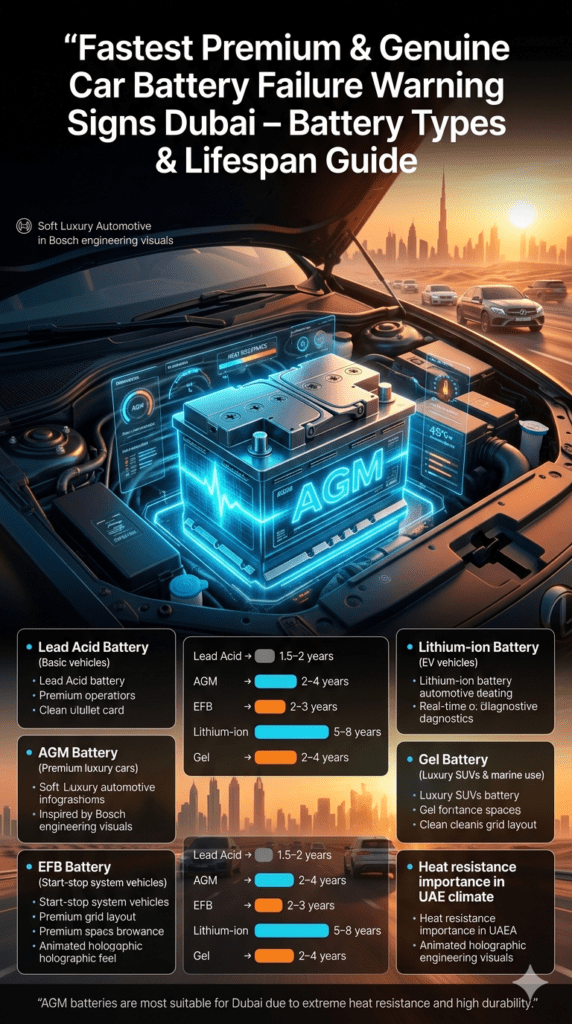 High-end automotive infographic showing different car battery types used in Dubai with a glowing AGM battery in the center, surrounded by lifespan and heat resistance comparison in a futuristic UI layout.