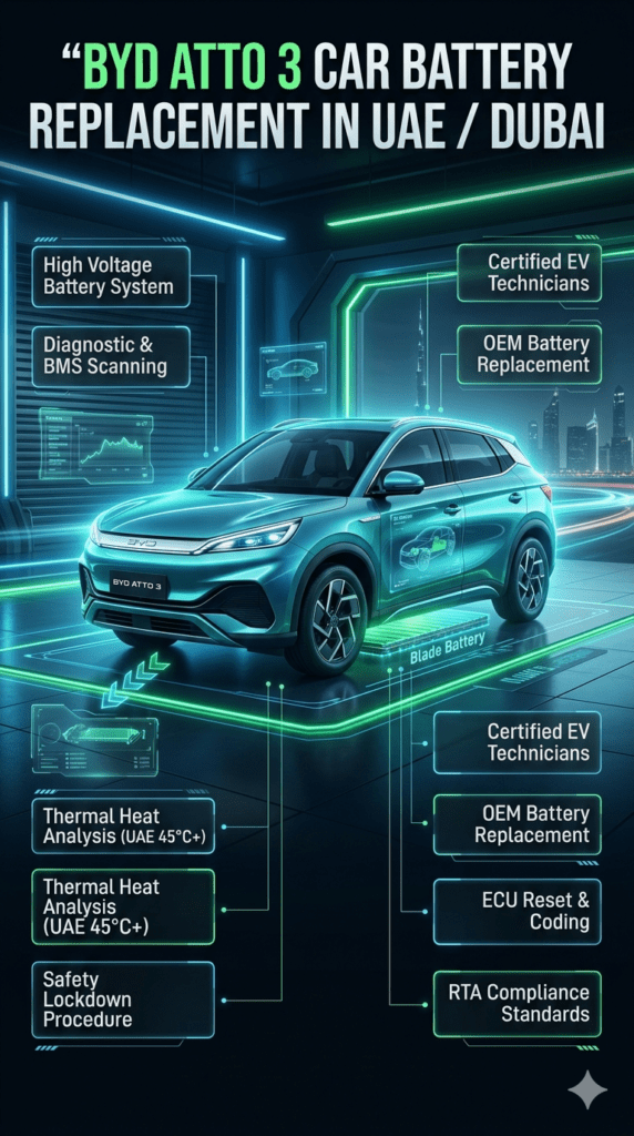 Futuristic infographic showing BYD Atto 3 electric SUV centered with glowing battery system, surrounded by animated-style bullet points explaining EV battery replacement process, UAE heat impact, and safety procedures.