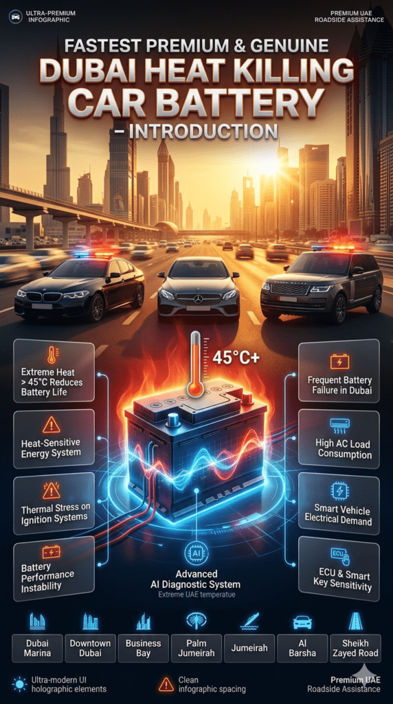 Luxury Dubai automotive infographic showing introduction to heat killing car battery issues with extreme temperature impact, battery stress, and vehicle system sensitivity.