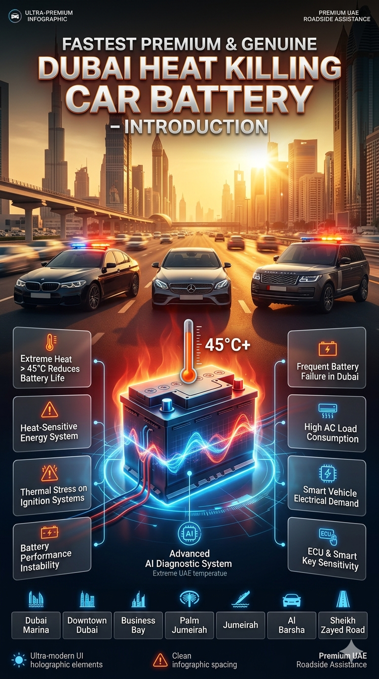 Luxury Dubai automotive infographic showing introduction to heat killing car battery issues with extreme temperature impact, battery stress, and vehicle system sensitivity.