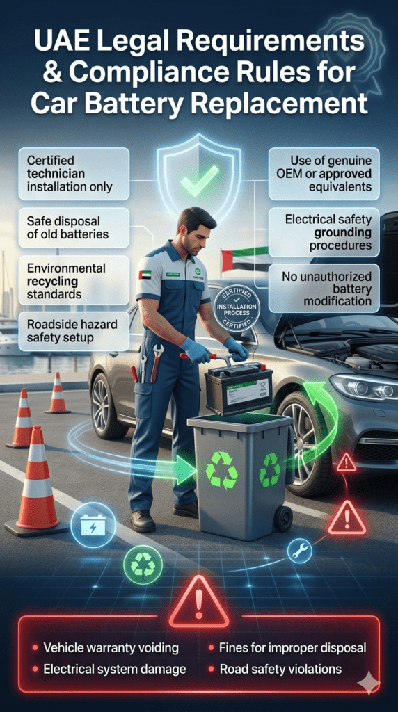 Professional automotive technician performing compliant car battery replacement in UAE with safety equipment, recycling process, and legal compliance indicators displayed in a structured infographic layout.
