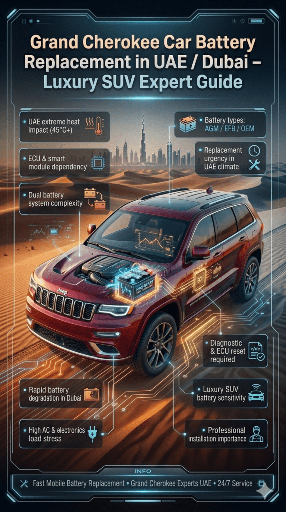 Jeep Grand Cherokee battery replacement guide in UAE showing luxury SUV with AGM battery system, Dubai heat impact, ECU diagnostics, and maintenance tips in modern infographic design.