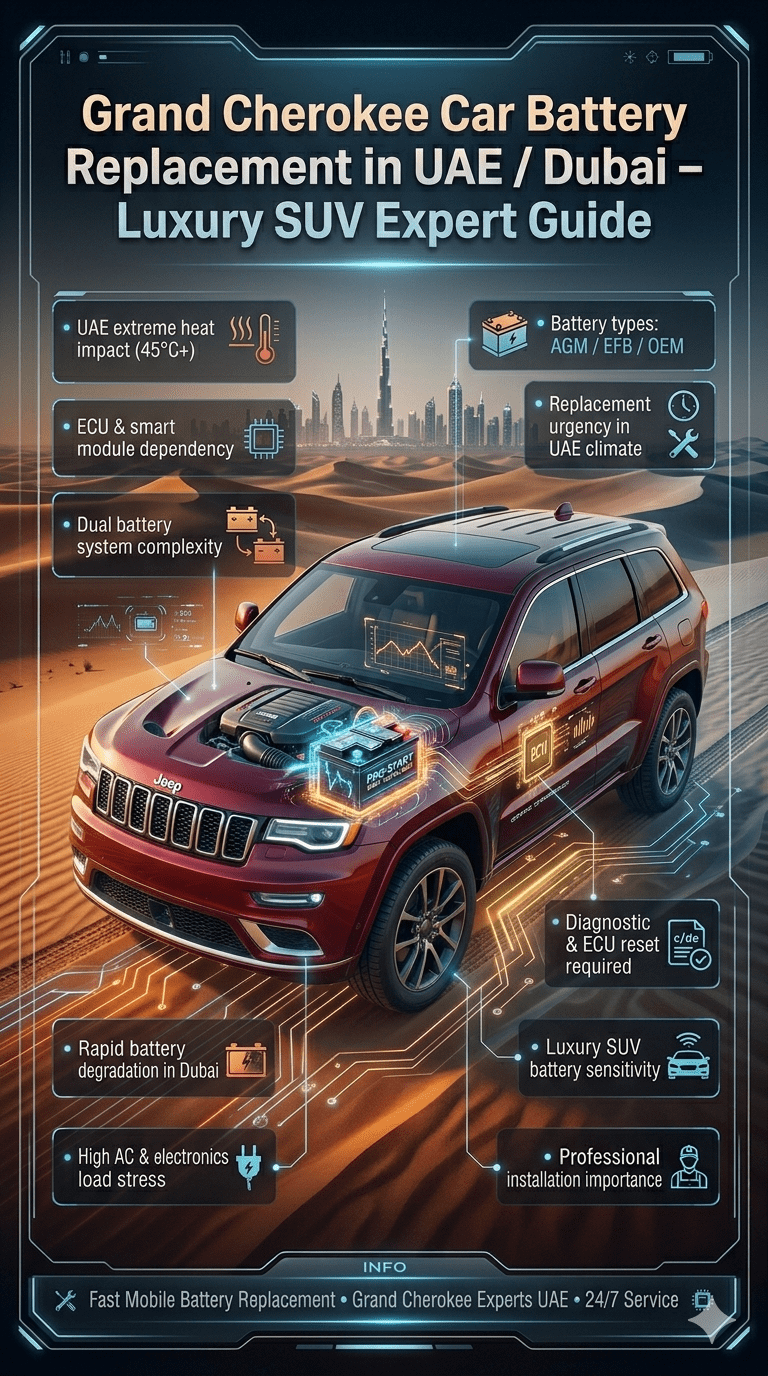Jeep Grand Cherokee battery replacement guide in UAE showing luxury SUV with AGM battery system, Dubai heat impact, ECU diagnostics, and maintenance tips in modern infographic design.