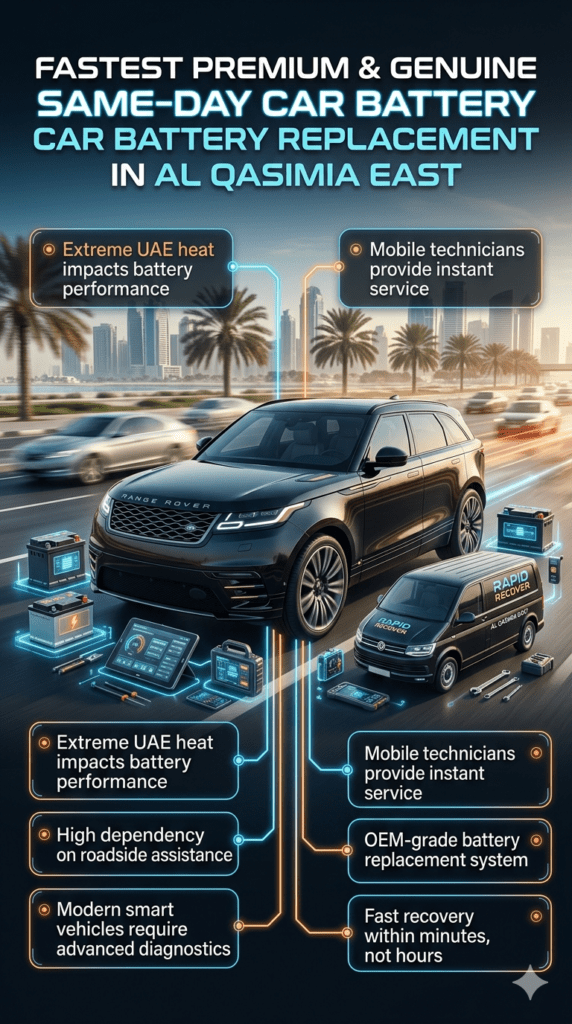 Luxury infographic showing same-day car battery replacement service in Al Qasimia East with a central modern car, UAE urban background, and highlighted emergency roadside battery service points on both sides.