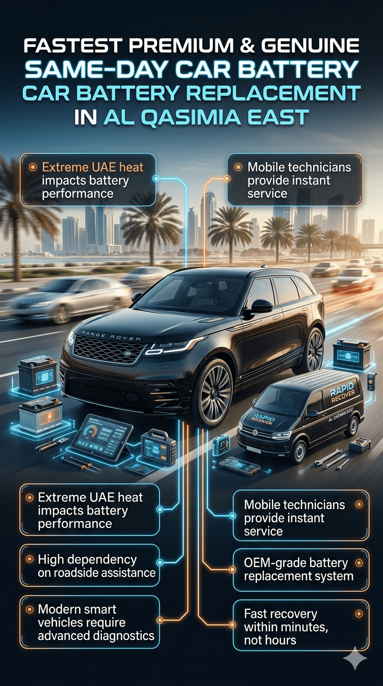 Luxury infographic showing same-day car battery replacement service in Al Qasimia East with a central modern car, UAE urban background, and highlighted emergency roadside battery service points on both sides.