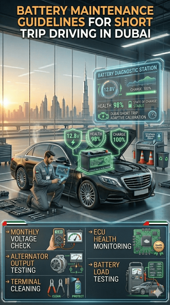 BATTERY MAINTENANCE GUIDELINES FOR SHORT TRIP DRIVING IN DUBAI Dubai car battery maintenance infographic showing voltage checks, alternator testing, terminal cleaning, ECU monitoring, and load testing for short trip vehicles.
