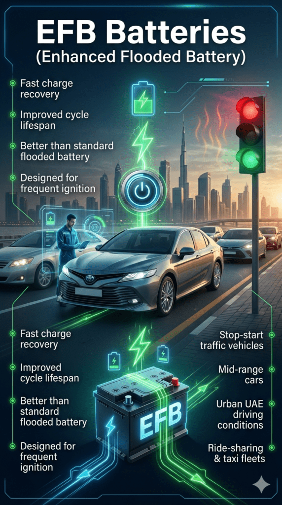 EFB car battery infographic showing mid-range sedan in stop-start traffic with features like fast charging, extended lifespan, and suitability for urban UAE driving conditions.