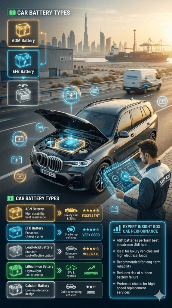 Car battery types infographic in Al Layyah East showing AGM, EFB, Lead-acid, Lithium-ion, and Calcium batteries used in high-speed battery replacement services for luxury and economy vehicles.