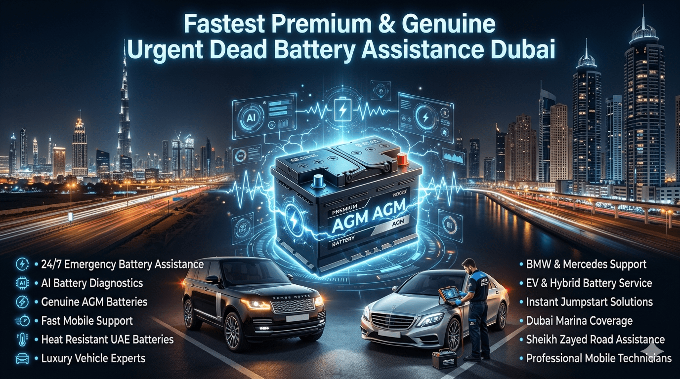 Premium Dubai roadside emergency battery assistance image with luxury vehicles, AGM battery replacement, AI diagnostics, and futuristic mobile roadside support.