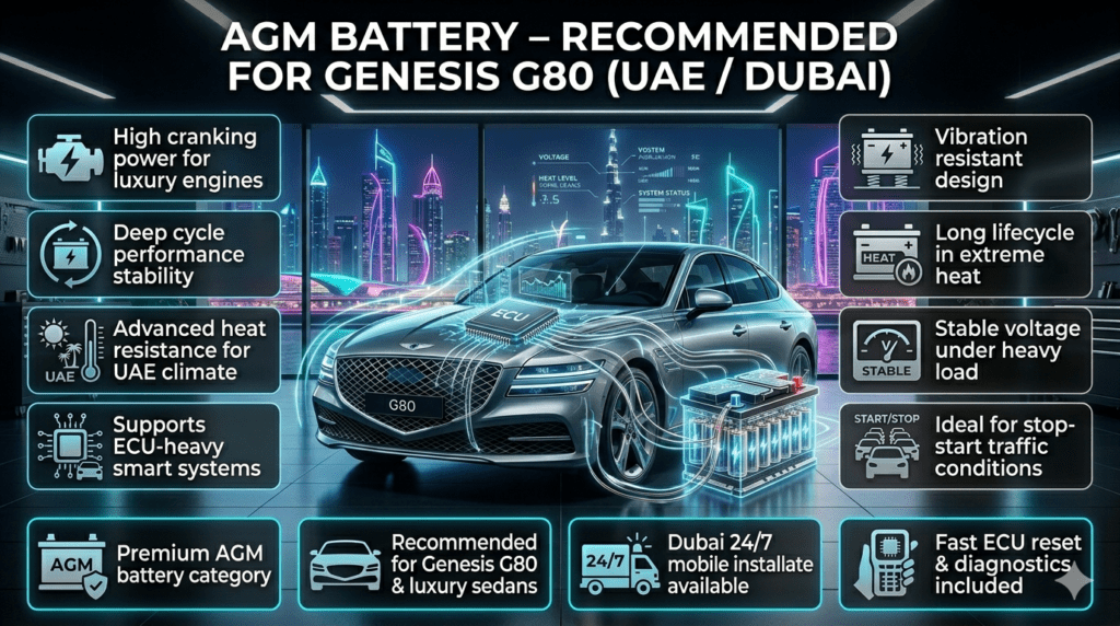 AGM Battery for Genesis G80 UAE Dubai – Best Luxury Car Battery Choice Explained Premium infographic showing AGM battery recommended for Genesis G80 in UAE Dubai with benefits like heat resistance, ECU support, and deep cycle performance beside luxury car.