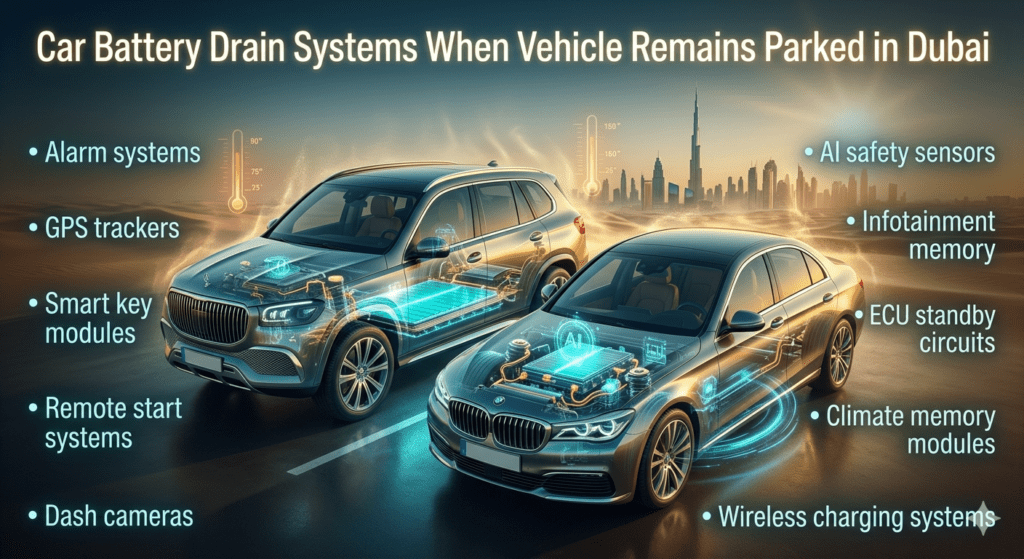 Luxury Dubai car battery drain infographic showing internal electrical systems like ECU, GPS tracker, and smart modules with AI diagnostics and floating side text points.
