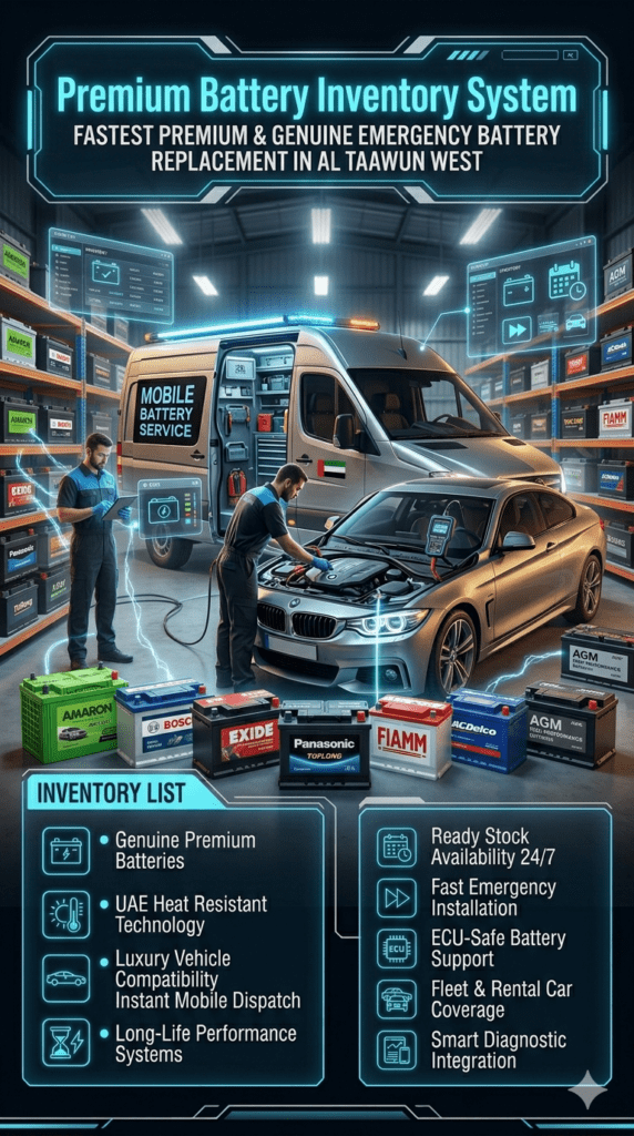 Premium Battery Inventory System β Fastest Emergency Battery Replacement in Al Taawun West Premium battery inventory system in Al Taawun West featuring Amaron, Bosch, Exide, Panasonic, FIAMM, Tuflong, AC Delco, and AGM batteries for emergency roadside car battery replacement services.