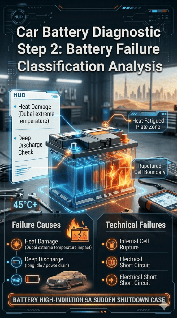 Car Battery Diagnostic Step 2: Battery Failure Classification Analysis Car battery failure classification infographic showing heat damage, deep discharge, internal cell rupture, and electrical short as causes of sudden battery shutdown in vehicles.