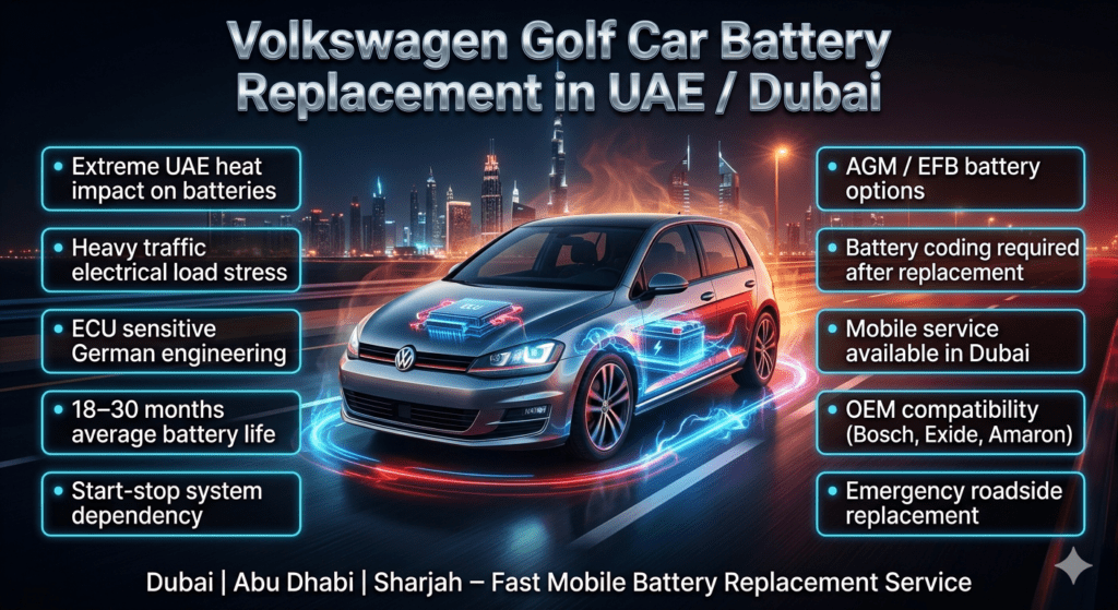 Ultra-modern infographic showing Volkswagen Golf car battery replacement in UAE with heat impact points, battery types, ECU system highlights, and Dubai automotive service environment.