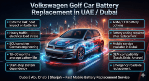 Read more about the article Volkswagen Golf Car Battery Replacement in UAE / Dubai – Fast Mobile Service, 24/7 Emergency Support