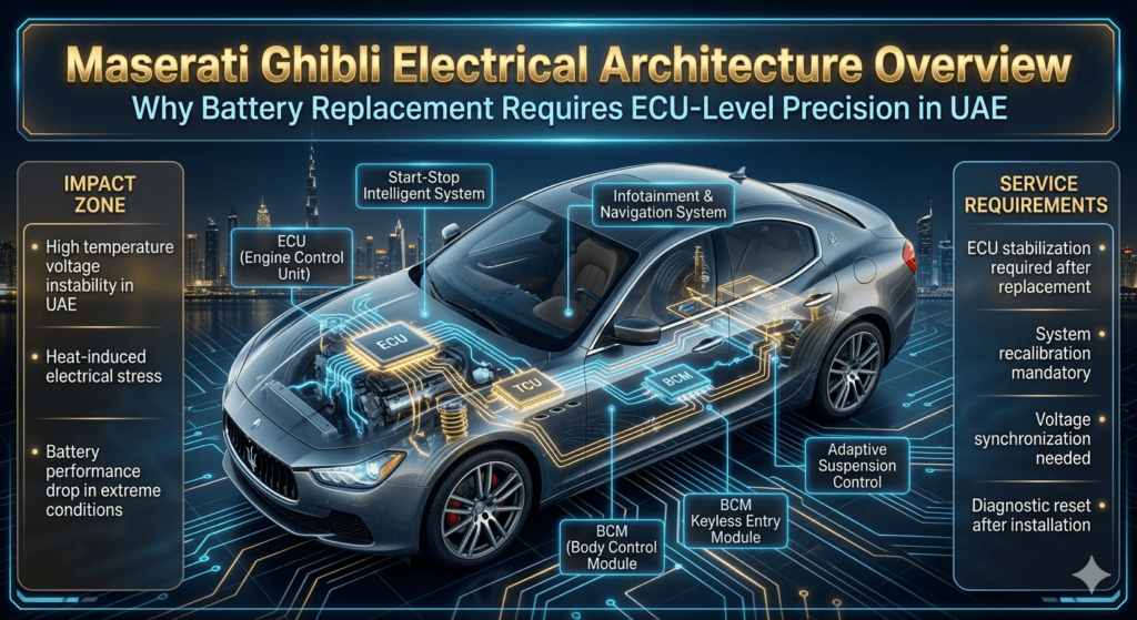 Maserati Ghibli electrical system diagram showing ECU TCU BCM and start-stop modules affected during battery replacement in UAE Dubai luxury car service