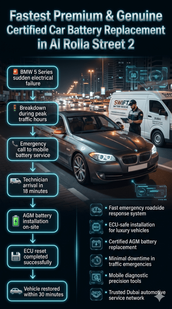 Luxury roadside emergency infographic showing BMW 5 Series breakdown in Al Rolla Street 2 with mobile technician replacing AGM battery, diagnostic tools connected, and timeline steps of rapid restoration in Dubai traffic conditions.