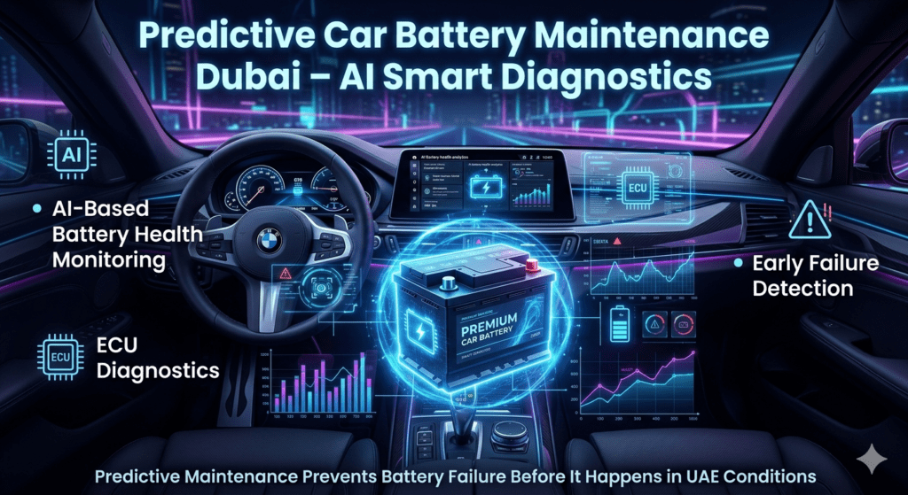 Infographic showing predictive car battery maintenance in Dubai using AI monitoring, ECU diagnostics, and early failure detection in a luxury smart car dashboard.