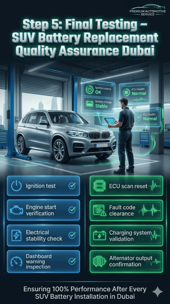Luxury SUV undergoing final diagnostic testing in a Dubai service center with ignition check, ECU scan reset, and charging system validation displayed on futuristic holographic screens.