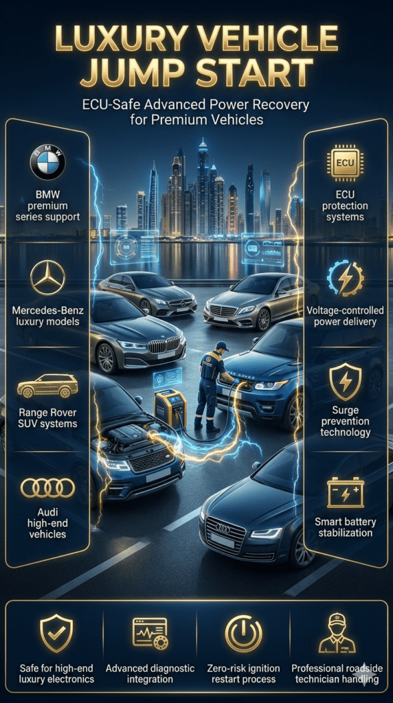 Luxury automotive infographic showing premium car jump start service in Dubai with BMW, Mercedes, Audi, and Range Rover vehicles, technician using ECU-safe equipment, glowing controlled voltage effects, and side panels listing luxury vehicle support and advanced protection systems in a high-end cinematic style.