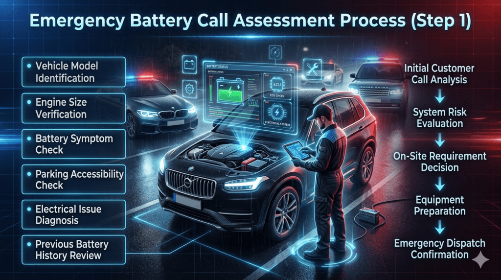 Emergency Battery Call Assessment Process (Step 1 Guide) Emergency battery service assessment infographic showing technician verifying vehicle model, engine size, battery symptoms, parking access, electrical issues, and previous battery history for roadside assistance.