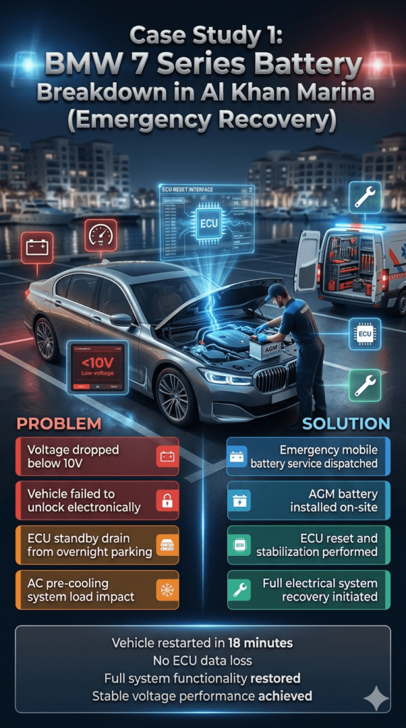 Emergency BMW 7 Series battery breakdown case study showing technician replacing AGM battery in Al Khan Marina parking with ECU reset, diagnostic tools, and vehicle recovery visualization.