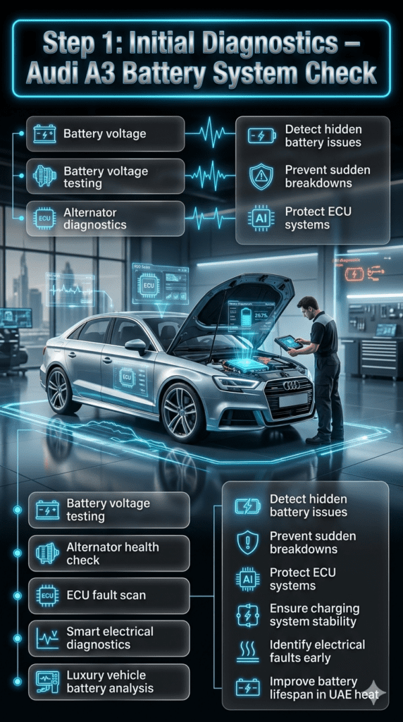 Luxury automotive infographic showing Audi A3 battery voltage testing, alternator diagnostics, and ECU scanning inside futuristic Dubai workshop.