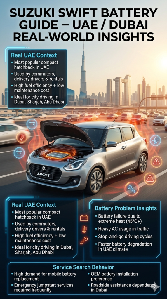 Suzuki Swift car battery replacement infographic showing compact hatchback used in UAE Dubai, highlighting heat-related battery failure, city driving conditions, and mobile emergency battery replacement services.