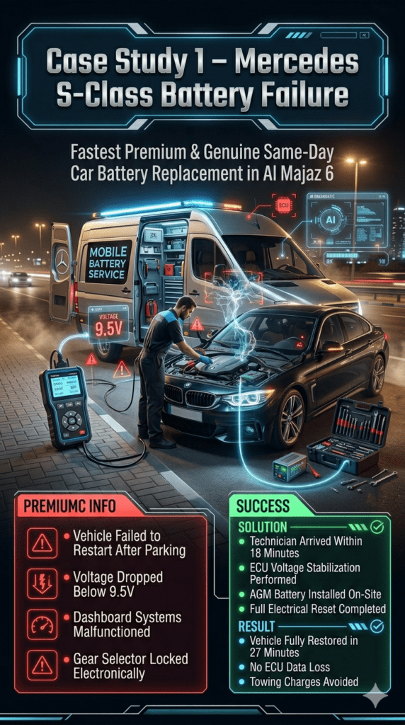 Mercedes S-Class battery failure case study in Al Majaz 6 showing emergency AGM battery replacement, ECU stabilization, and rapid roadside recovery in UAE.