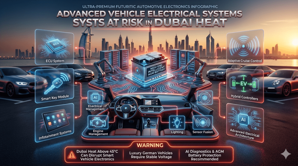 Luxury automotive infographic showing advanced vehicle electronic systems affected by Dubai heat including ECU, smart key module, infotainment systems, adaptive cruise control, and hybrid controllers.