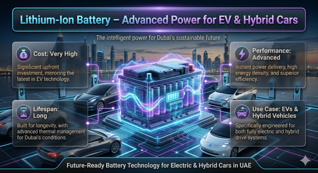 Lithium-ion EV battery infographic showing very high cost, long lifespan, and advanced performance for electric and hybrid vehicles in Dubai