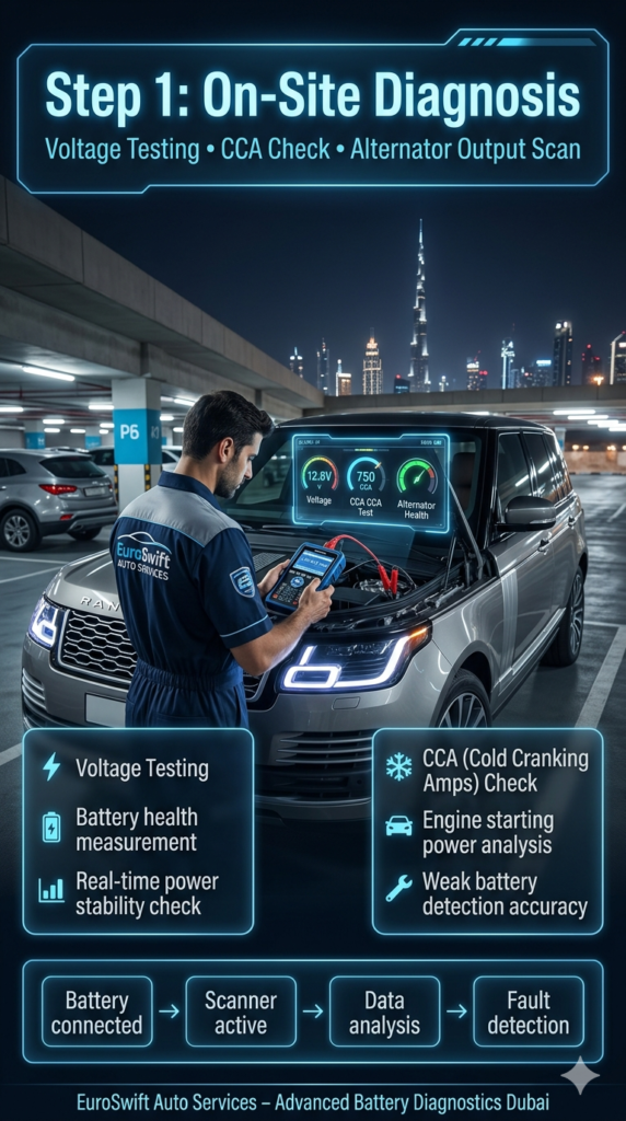 Step 1: On-Site Diagnosis – Car Battery Testing & Electrical Health Check (Dubai Emergency Service) On-site car battery diagnosis in Dubai showing voltage testing, CCA check, and alternator output scan performed by a mobile technician on a luxury vehicle.