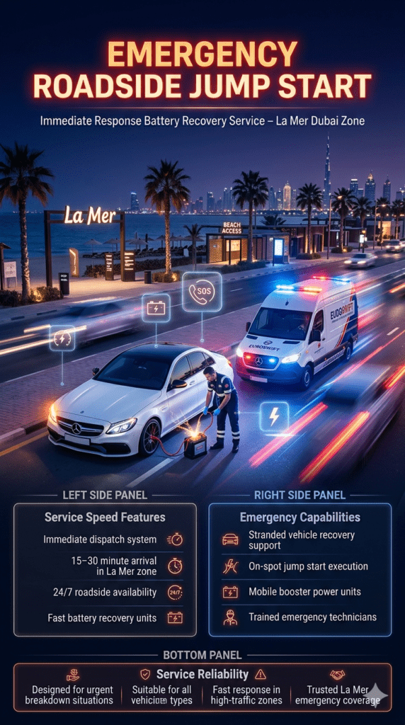 Cinematic emergency roadside jump start scene at La Mer Dubai showing a technician performing a quick battery boost on a stranded vehicle with a support van arriving, glowing emergency lighting effects, and infographic panels describing fast response roadside assistance service.