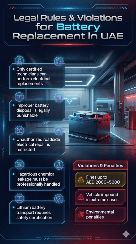 Premium infographic showing UAE legal rules and violations for car battery replacement with safety regulations, penalties, and certified technician requirements in a modern automotive design layout.