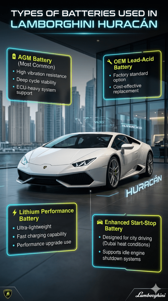 Luxury infographic showing Lamborghini Huracán centered with labeled battery types (AGM, Lithium Performance, OEM Lead-Acid, Start-Stop Battery) displayed in futuristic side panels.