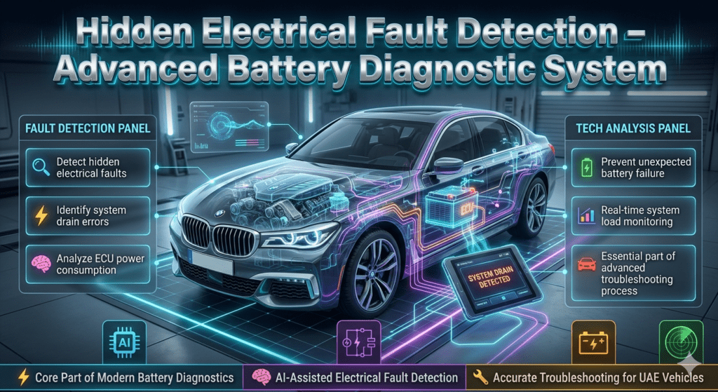 Futuristic automotive infographic showing hidden electrical fault detection, system drain identification, and AI-based battery troubleshooting process in modern Dubai vehicle diagnostics.