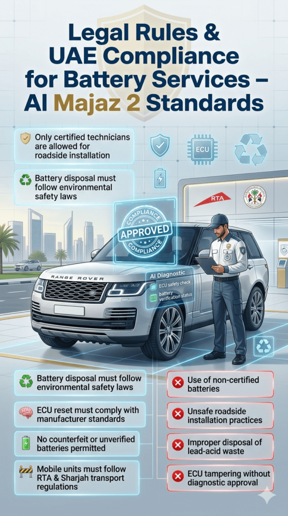 Legal Rules & UAE Compliance for Battery Services – Al Majaz 2 Standards Premium compliance infographic showing Legal Rules & UAE Battery Service Regulations in Al Majaz 2 with certified technician, ECU safety checks, and violation warnings.