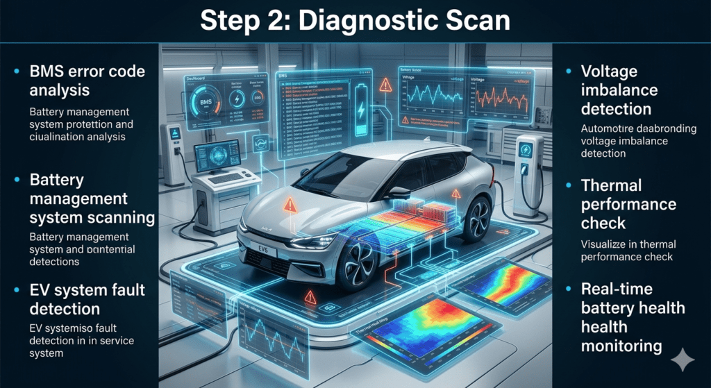 Step 2: Diagnostic Scan – Kia EV6 BMS & Battery Health Check UAE Guide Kia EV6 diagnostic scan process showing BMS error code analysis, voltage imbalance detection, and thermal performance check in UAE EV workshop.