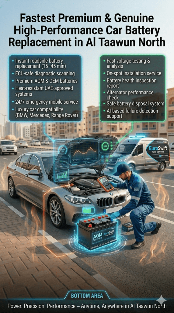 Premium roadside car battery replacement service in Al Taawun North showing technician installing high-performance battery in luxury car with diagnostic tools and mobile service support in UAE heat conditions.