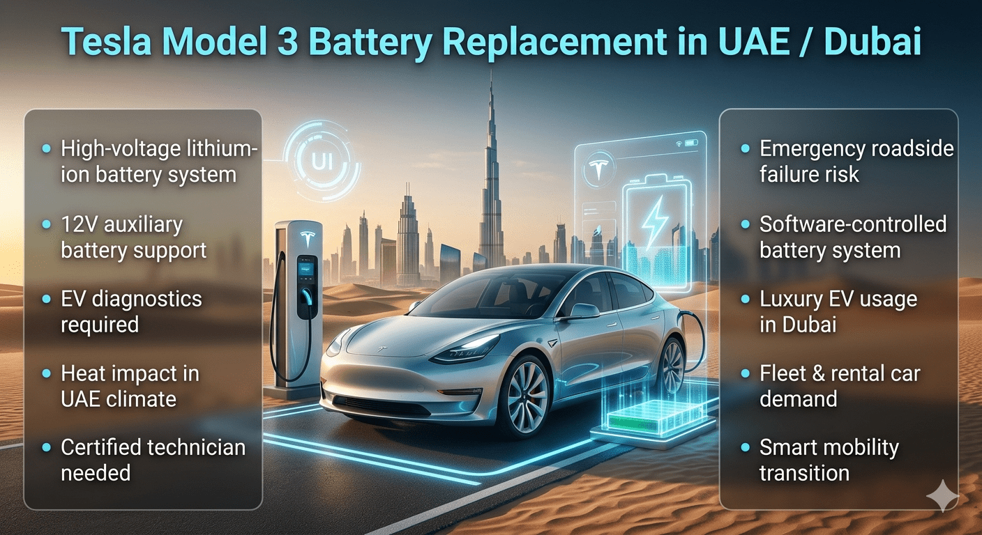 Tesla Model 3 electric car infographic showing battery replacement system in UAE with futuristic Dubai skyline, EV charging station, and technical battery points on both sides.