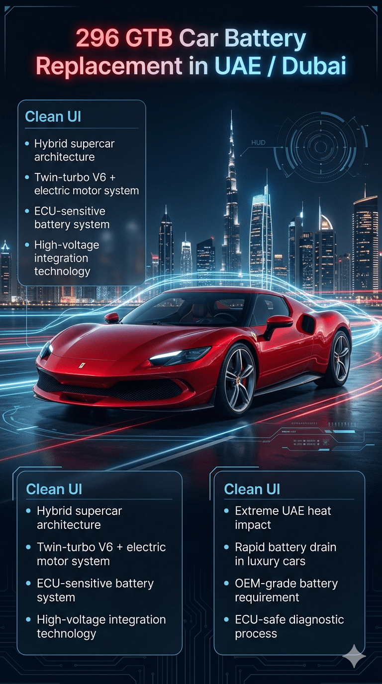 Ferrari 296 GTB luxury supercar displayed in a futuristic Dubai skyline environment with technical infographic panels explaining hybrid battery system, ECU-sensitive architecture, and UAE heat impact for car battery replacement service.