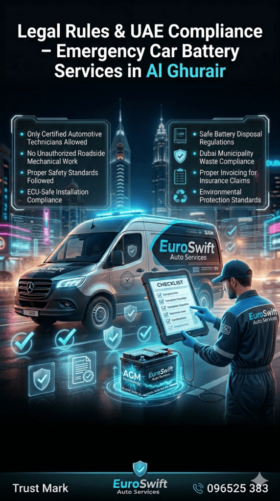 Legal Rules & UAE Compliance – Emergency Car Battery Replacement Standards in Dubai UAE legal compliance guide for emergency car battery replacement in Al Ghurair showing certified technicians, safe battery disposal rules, Dubai Municipality regulations, and professional automotive service standards.