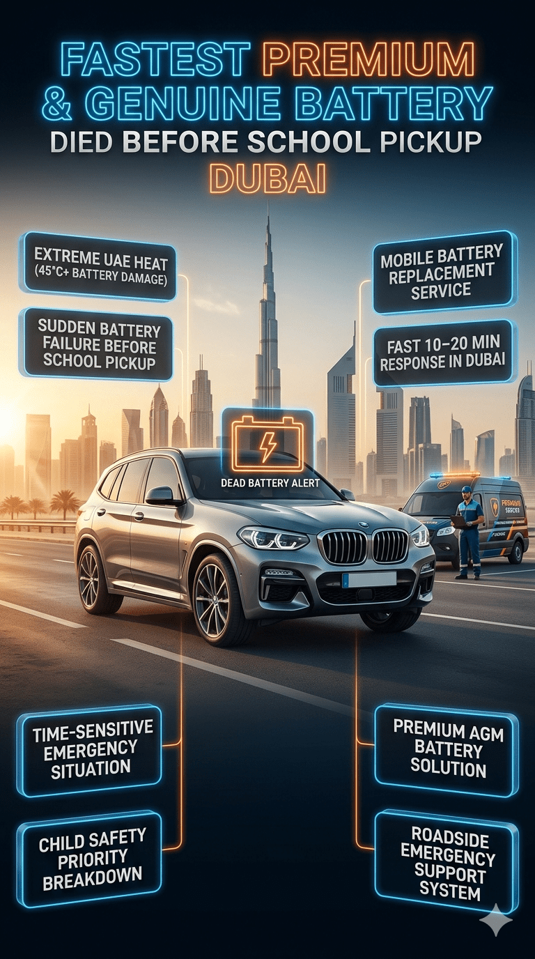 Premium automotive emergency infographic showing a dead car battery before school pickup in Dubai with roadside assistance, key safety points, and mobile battery replacement service in a futuristic city setting.
