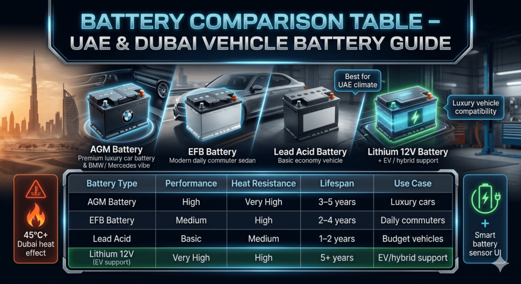 Battery comparison infographic showing AGM, EFB, Lead Acid, and Lithium 12V batteries with performance, heat resistance, lifespan, and use cases in Dubai automotive conditions.