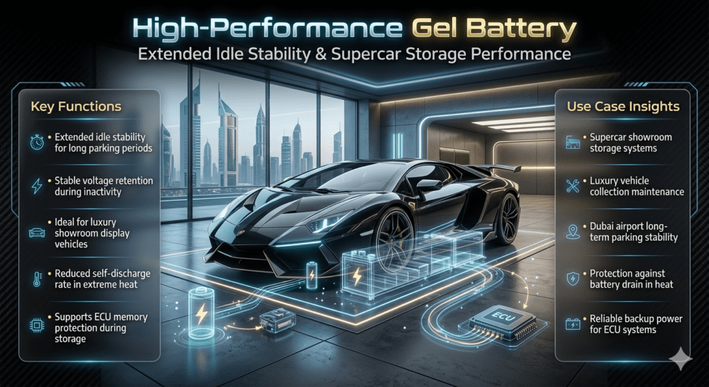 Futuristic infographic showing a supercar in a Dubai showroom with high-performance gel battery system highlighted for extended idle stability and storage protection.