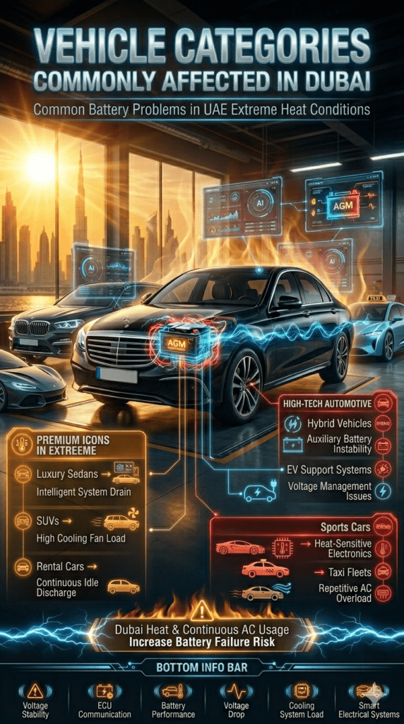 Luxury Dubai automotive infographic showing vehicle categories commonly affected by battery problems, including SUVs, luxury sedans, hybrids, EVs, sports cars, and taxi fleets.