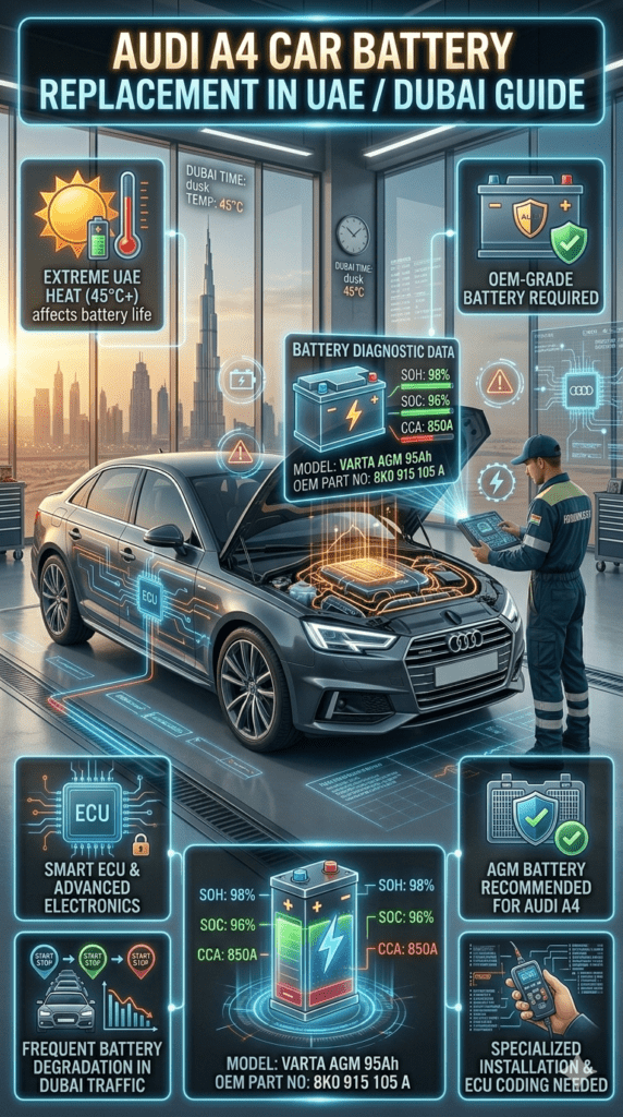Premium infographic showing Audi A4 Car Battery Replacement in UAE / Dubai with central luxury car image, Dubai skyline background, and side panels highlighting heat impact, ECU systems, and AGM battery requirements.