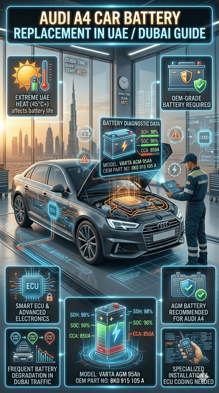 Premium infographic showing Audi A4 Car Battery Replacement in UAE / Dubai with central luxury car image, Dubai skyline background, and side panels highlighting heat impact, ECU systems, and AGM battery requirements.