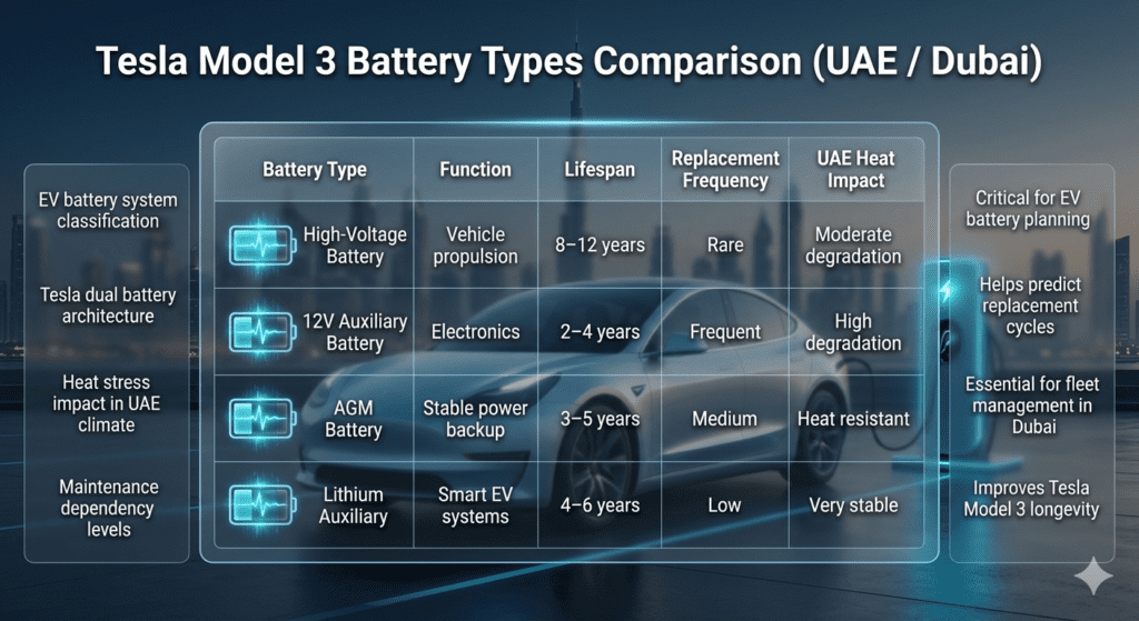 Tesla Model 3 Battery Types Comparison β UAE EV Heat & Lifespan Guide Futuristic Tesla Model 3 battery types comparison table showing lifespan, function, and UAE heat impact in a holographic EV infographic.