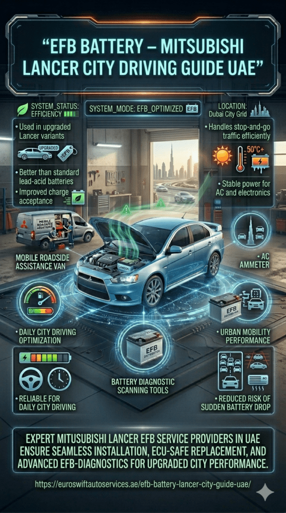 Mitsubishi Lancer with EFB battery installed in engine bay, shown in Dubai city driving environment highlighting improved charging performance and suitability for urban traffic.